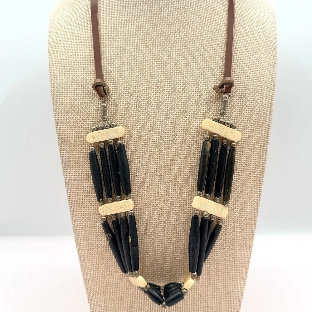 Vintage 90s Tribal Statement Necklace Wood Glass Beads Leather Cord Boho Jewelry